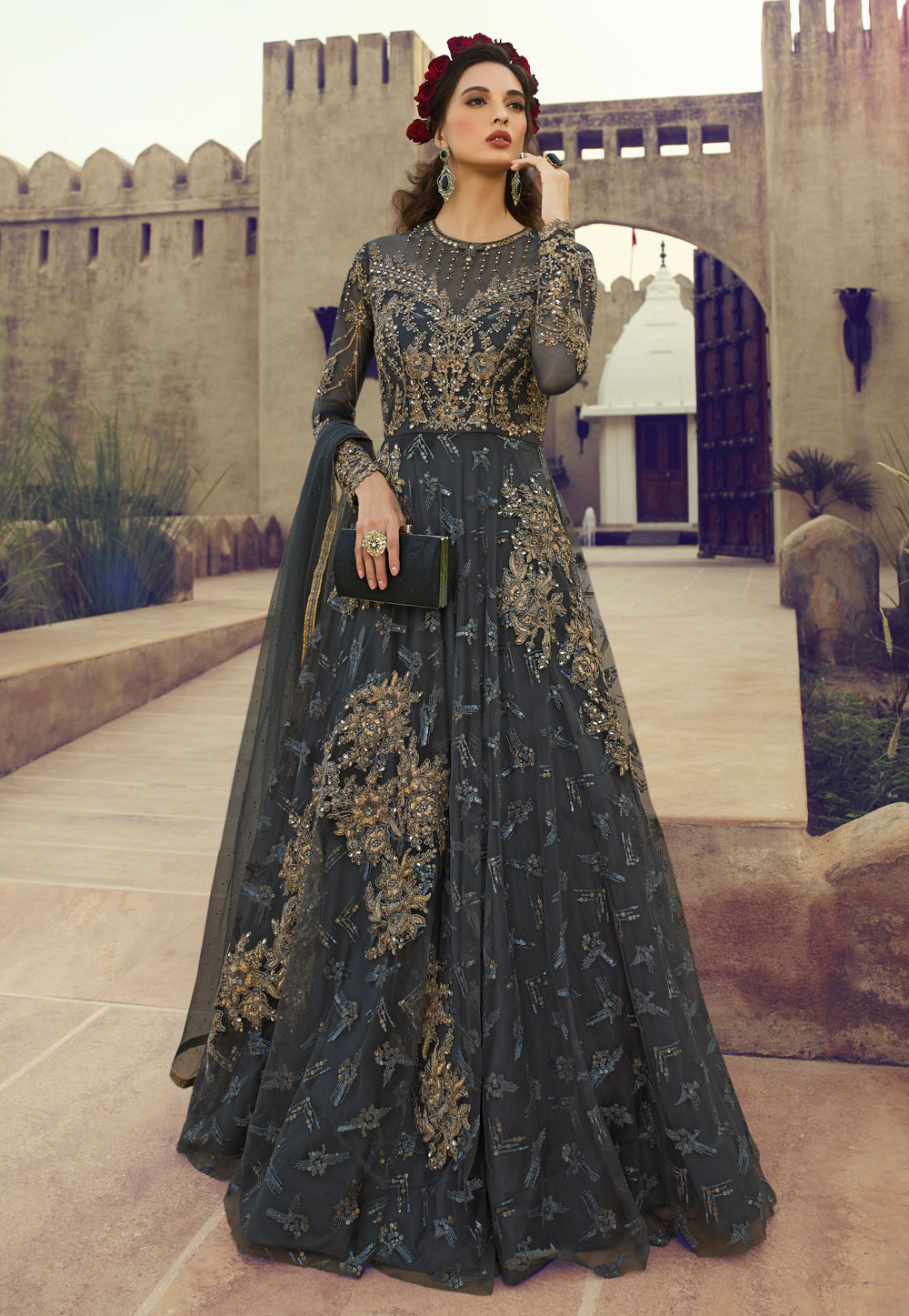 Dark Grey Net Embroidered Abaya Style Anarkali Suit 188251