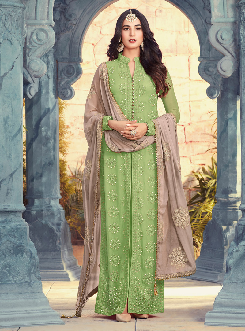 Sonal Chauhan Sea Green Georgette Straight Cut Salwar Suit 130335