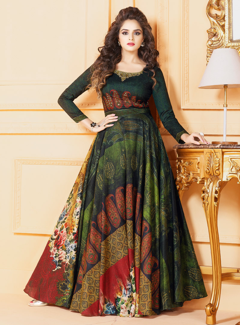 Dark Green Tussar Silk Readymade Gown 128814