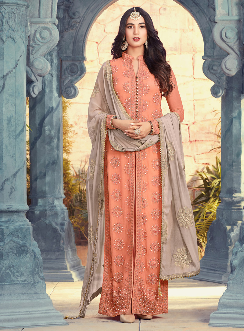 Sonal Chauhan Orange Georgette Straight Cut Salwar Suit 127115