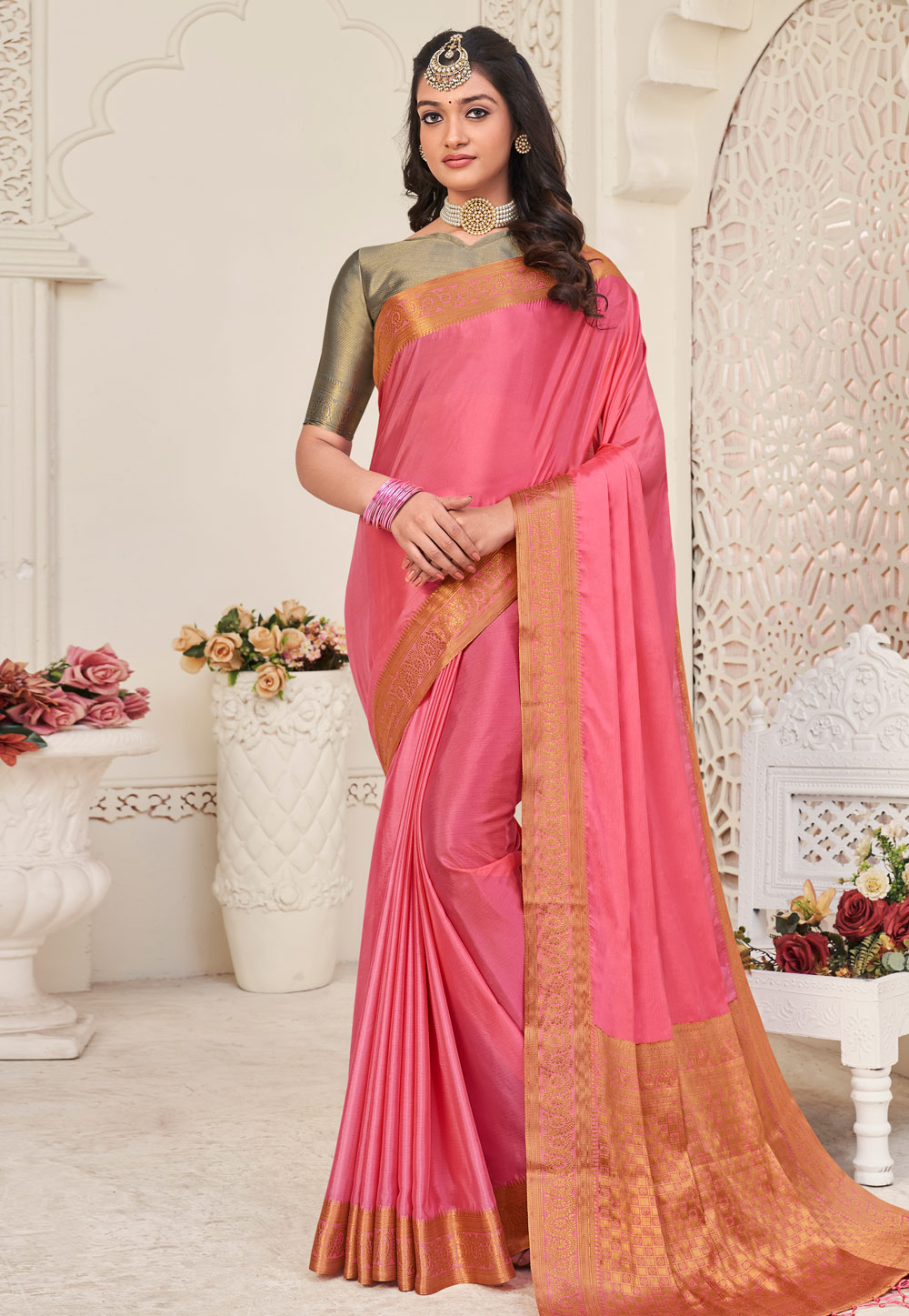 Pink Chinon Silk Saree With Blouse 263333