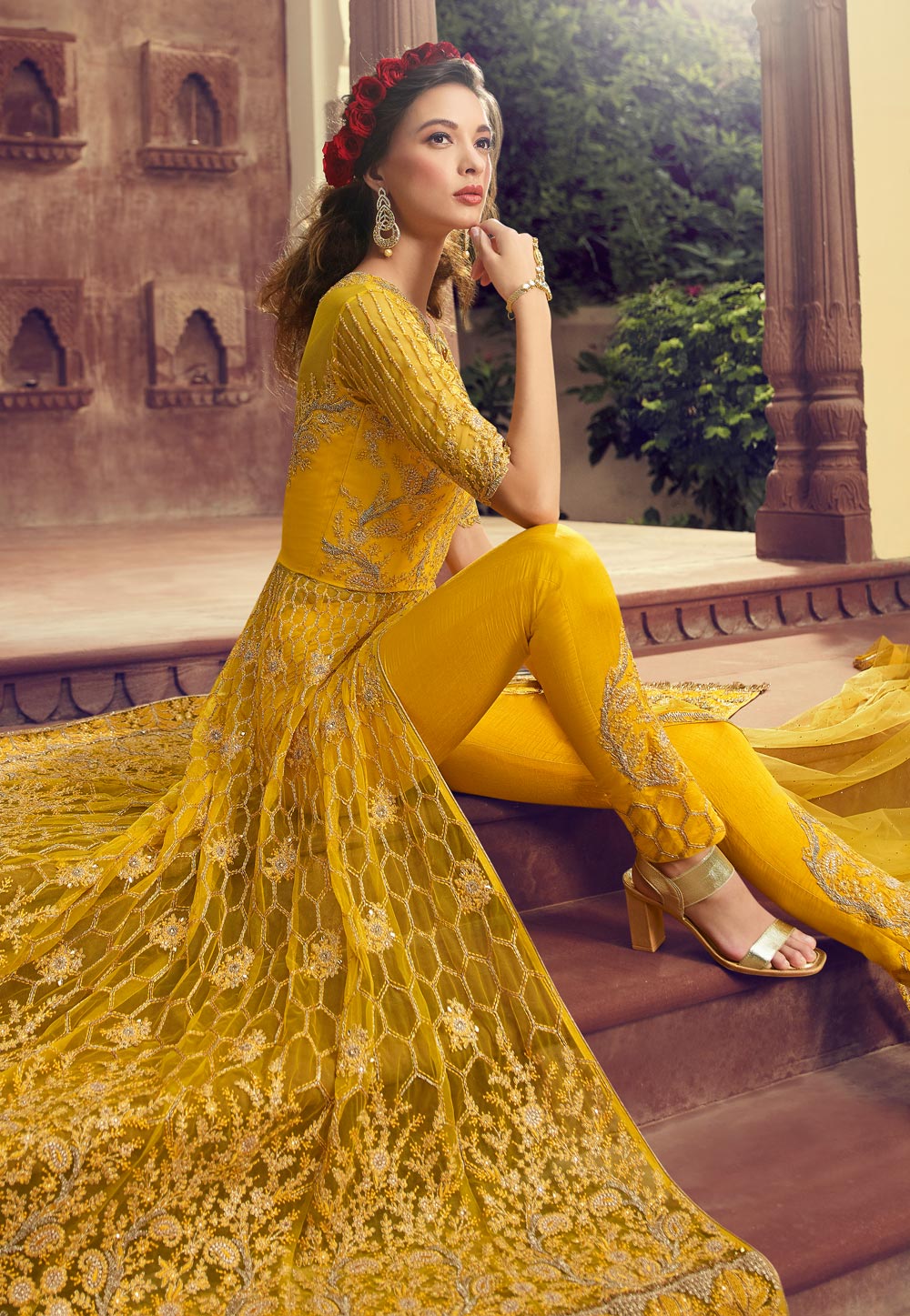 Yellow Net Embroidered Pant Style Suit 188254