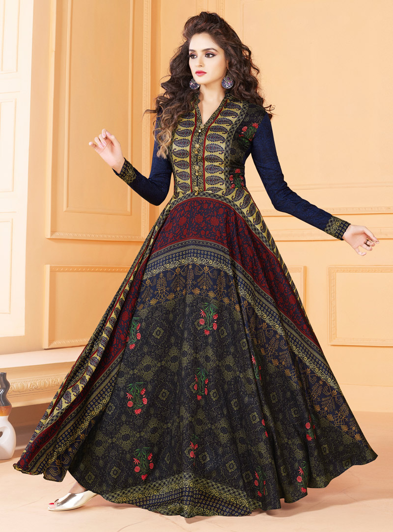 Navy Blue Tussar Silk Readymade Gown 128816