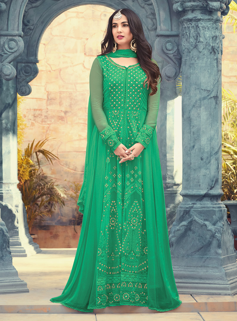 Sonal Chauhan Green Georgette Straight Cut Salwar Suit 131396