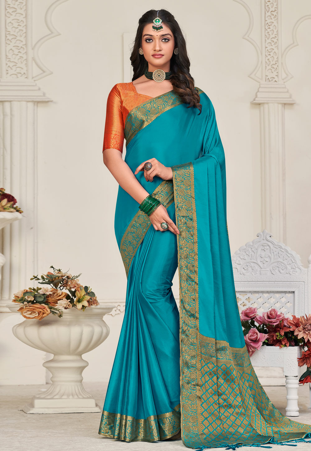 Turquoise Chinon Silk Saree With Blouse 263335