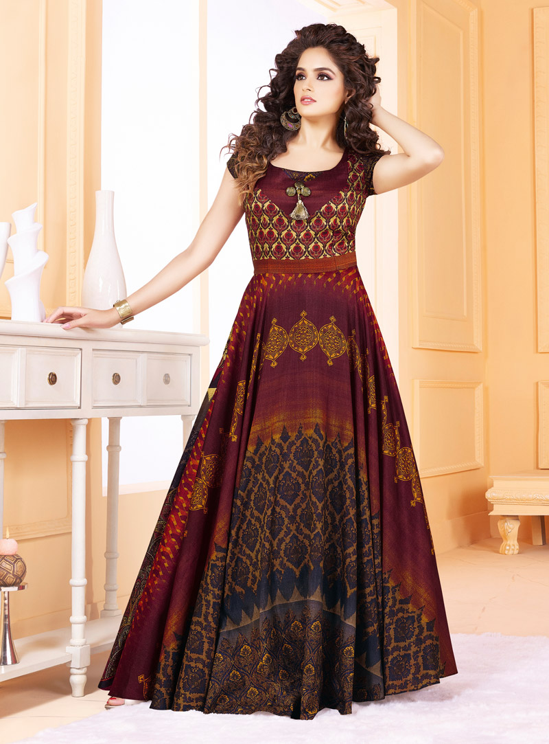 Brown Tussar Silk Readymade Gown 128818