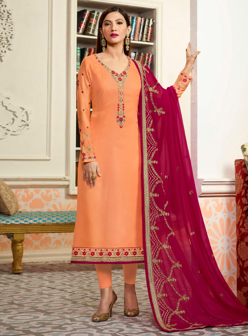Gauhar Khan Orange Georgette Pant Style Suit 127172