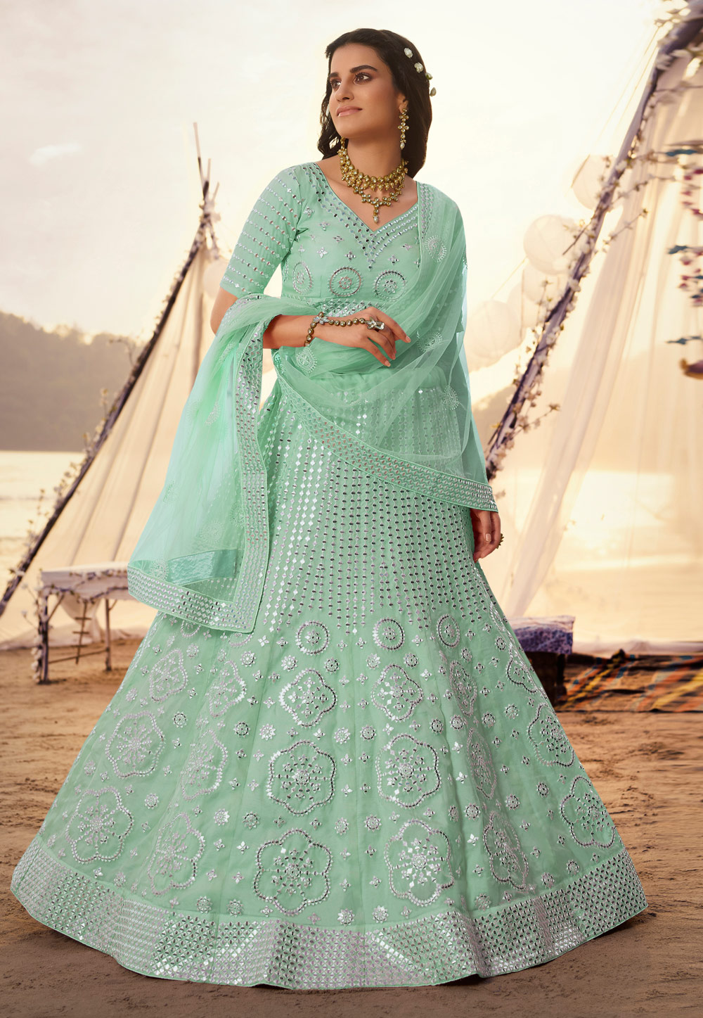 Exclusive Light Pista Green Floral Embroidered Lehenga Choli