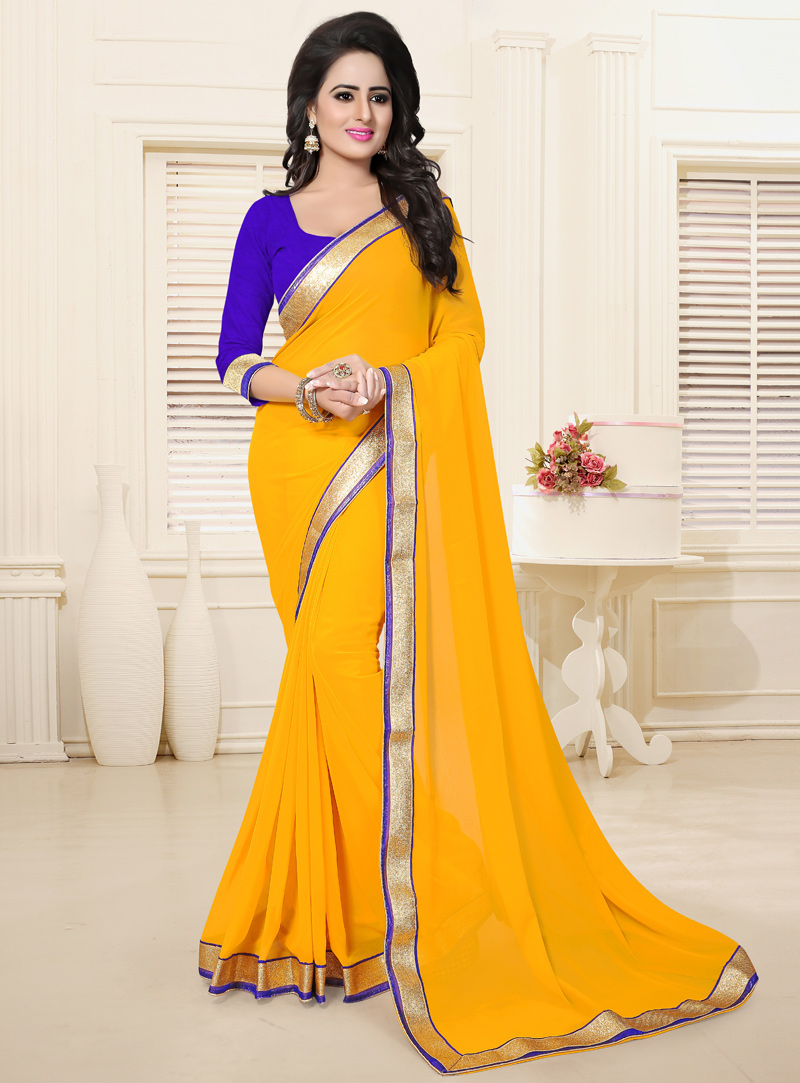 Yellow Georgette Patch Lace Work Saree 114632