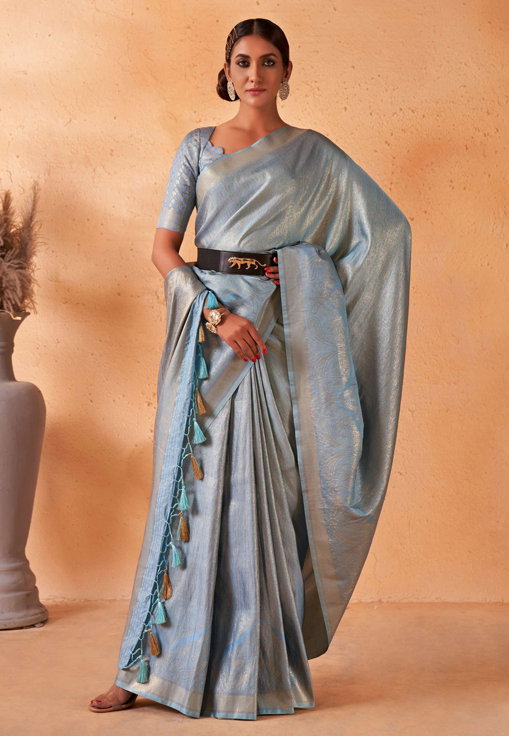 Sky Blue Kanjivaram Silk Saree With Blouse 256944