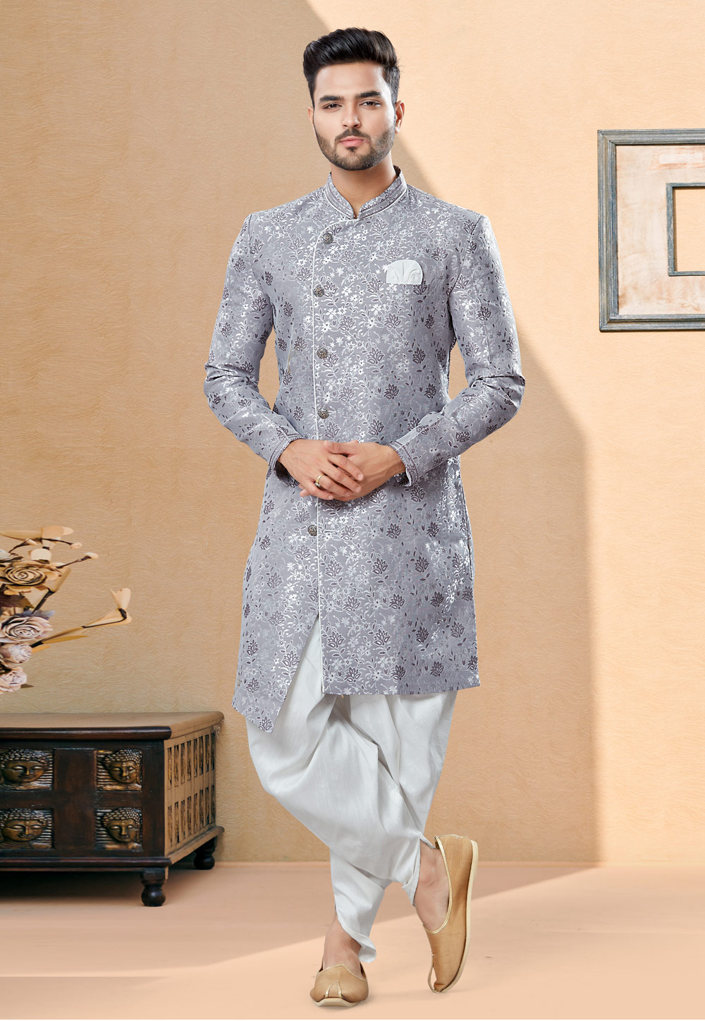 Grey Banarasi Jacquard Indo Western Suit 251995