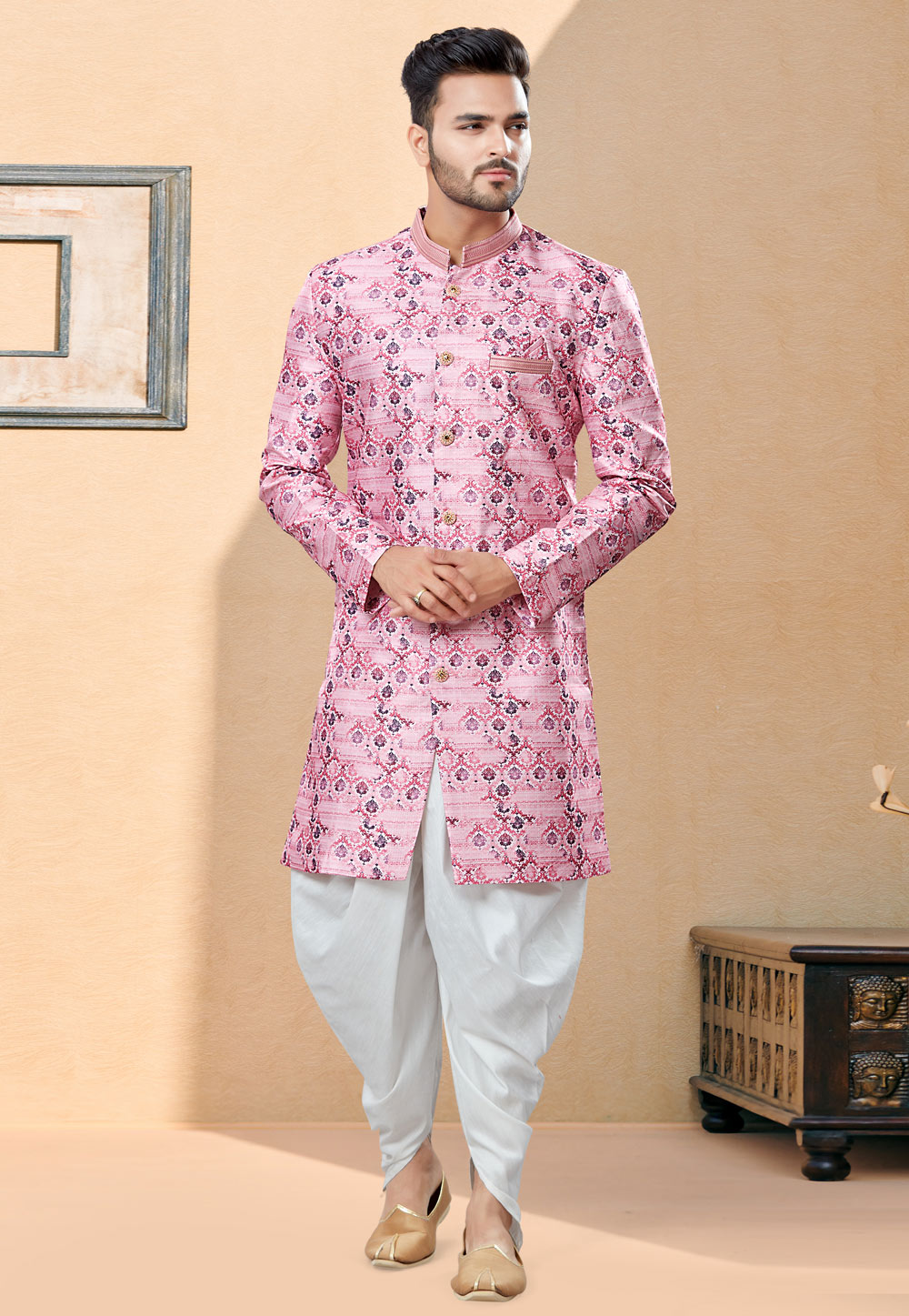 Pink Jacquard Indo Western Suit 251996