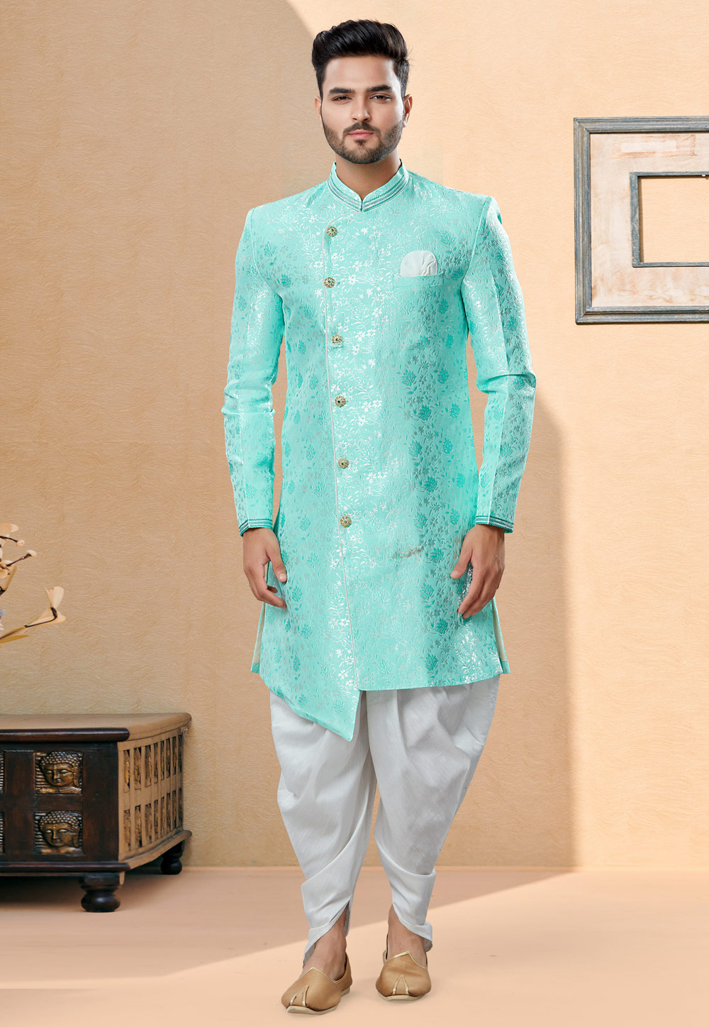 Aqua Banarasi Jacquard Indo Western Suit 251997