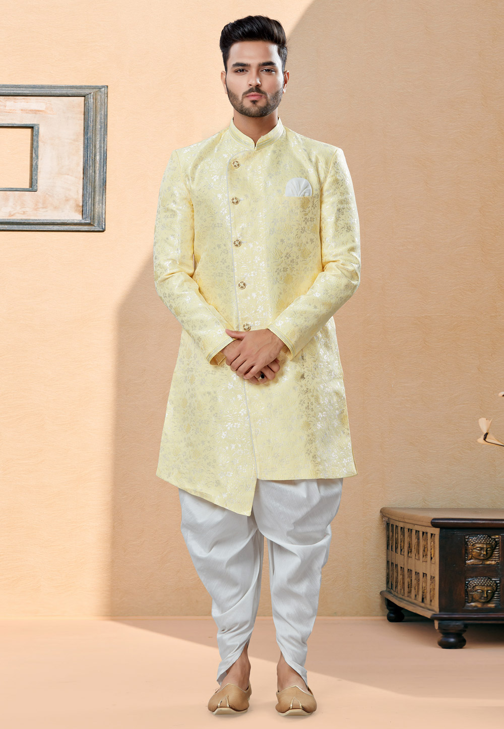 Light Yellow Banarasi Jacquard Indo Western Suit 252000