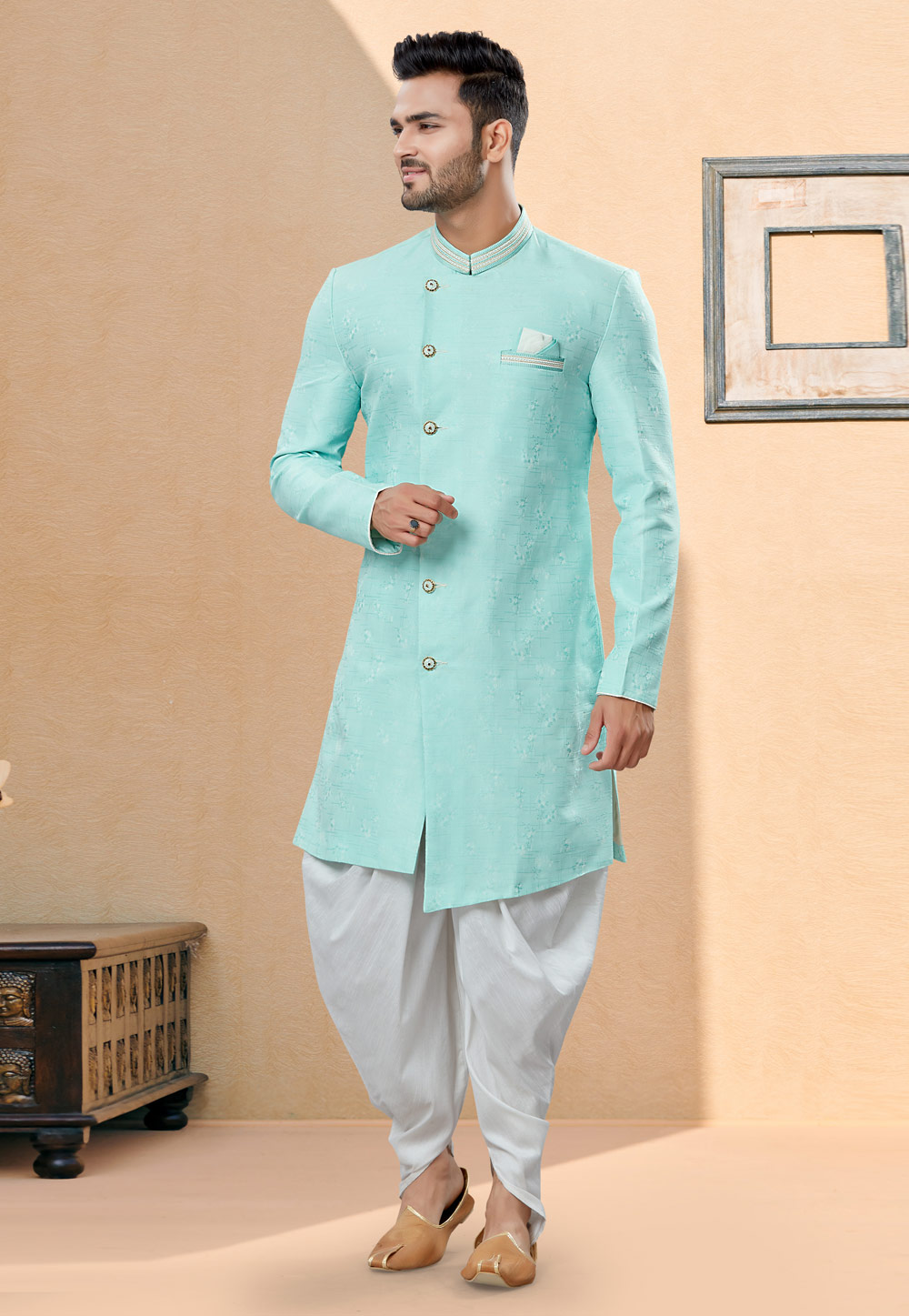 Sky Blue Banarasi Jacquard Indo Western Suit 252005