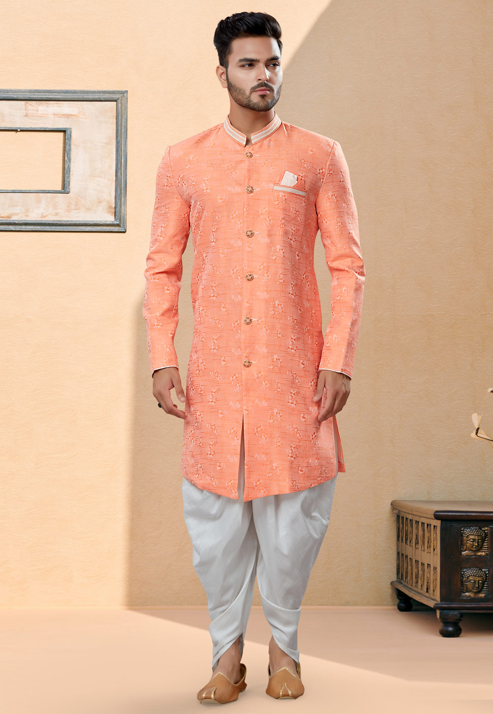 Peach Banarasi Jacquard Indo Western Suit 252006