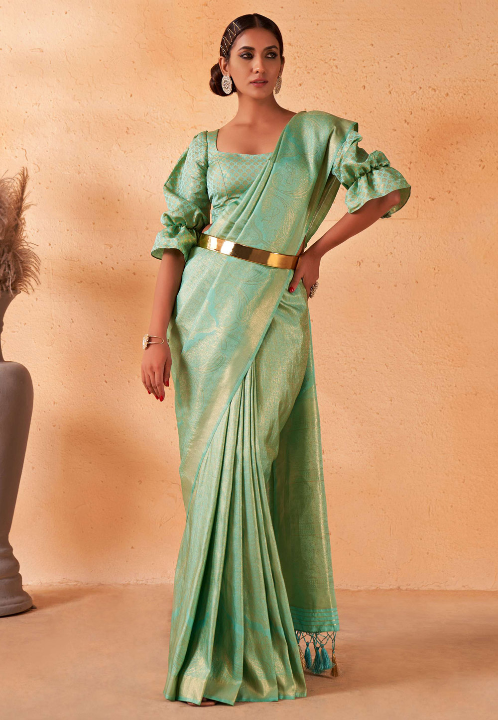 Sea Green Kanjivaram Silk Saree With Blouse 256946