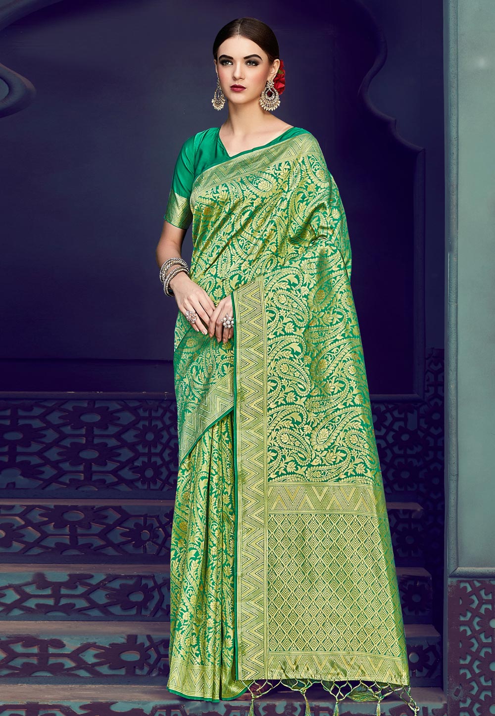 Green Banarasi Silk Festival Wear Saree 161516