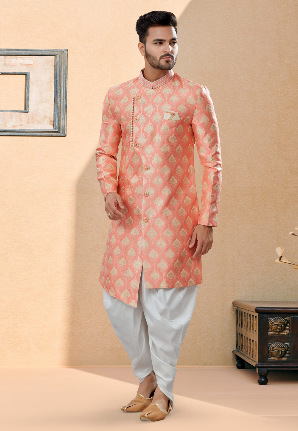 Peach Banarasi Jacquard Indo Western Suit 252007
