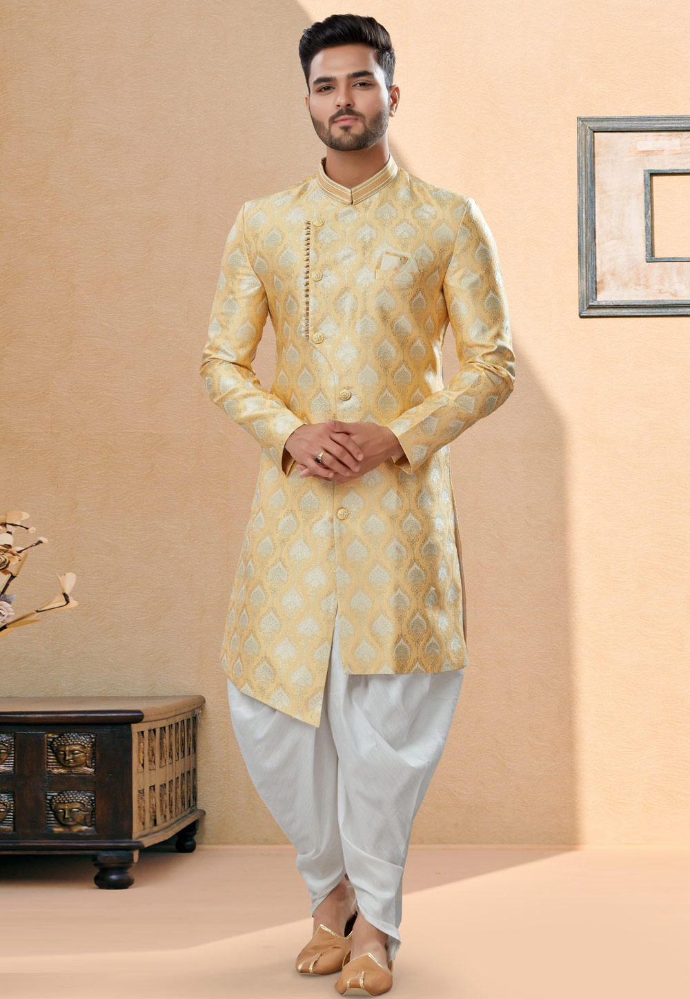 Beige Banarasi Jacquard Indo Western Suit 252008