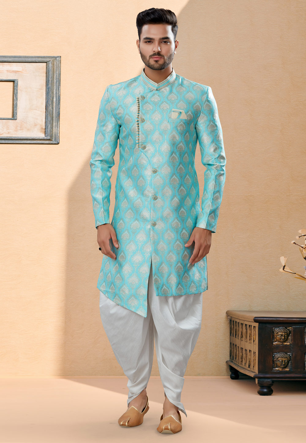 Sky Blue Banarasi Jacquard Indo Western Suit 252009