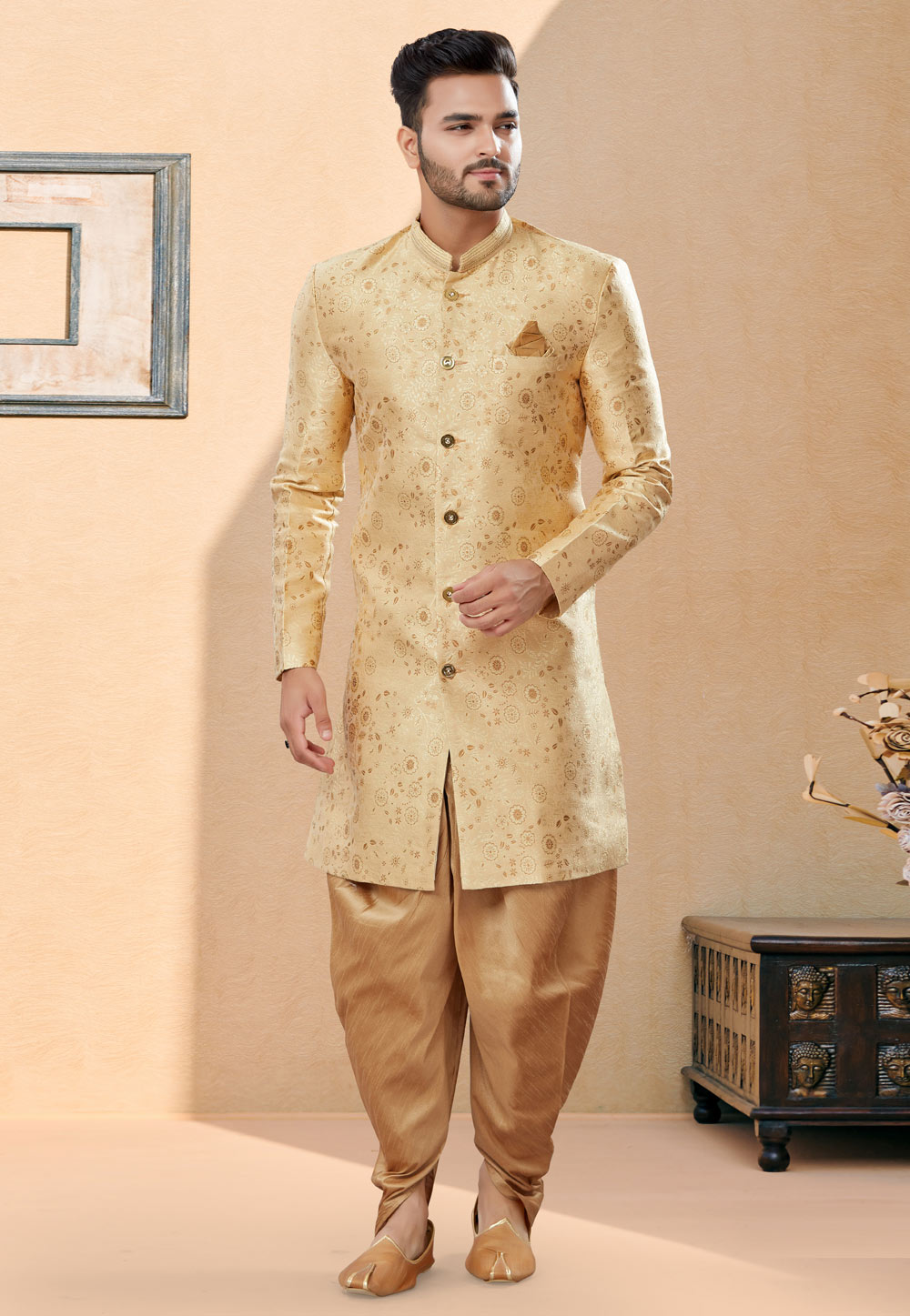 Beige Banarasi Jacquard Indo Western Suit 252011