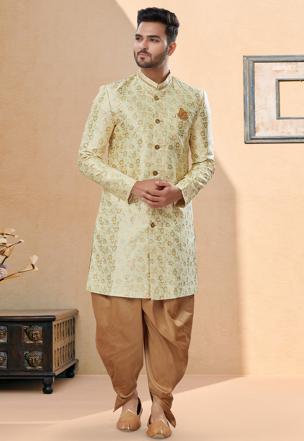 Light Yellow Banarasi Jacquard Indo Western Suit 252014