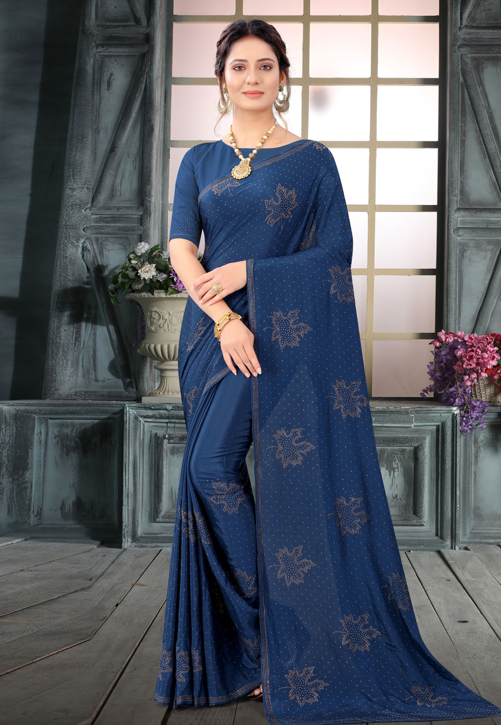 Navy Blue Crepe Saree With Blouse 234247