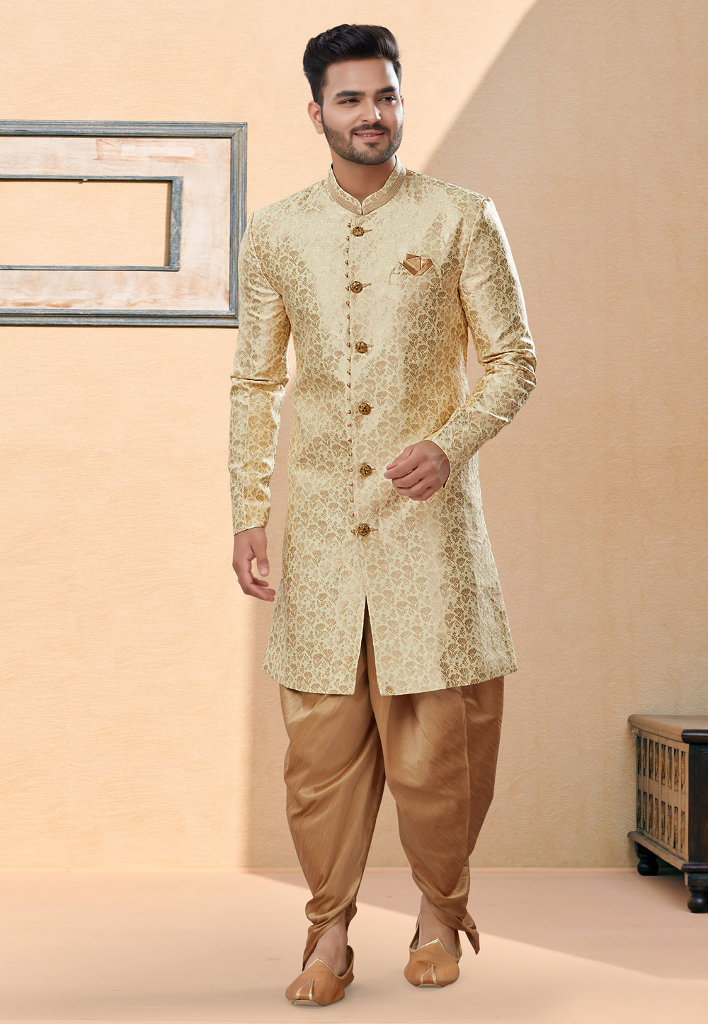 Beige Banarasi Jacquard Indo Western Suit 252015