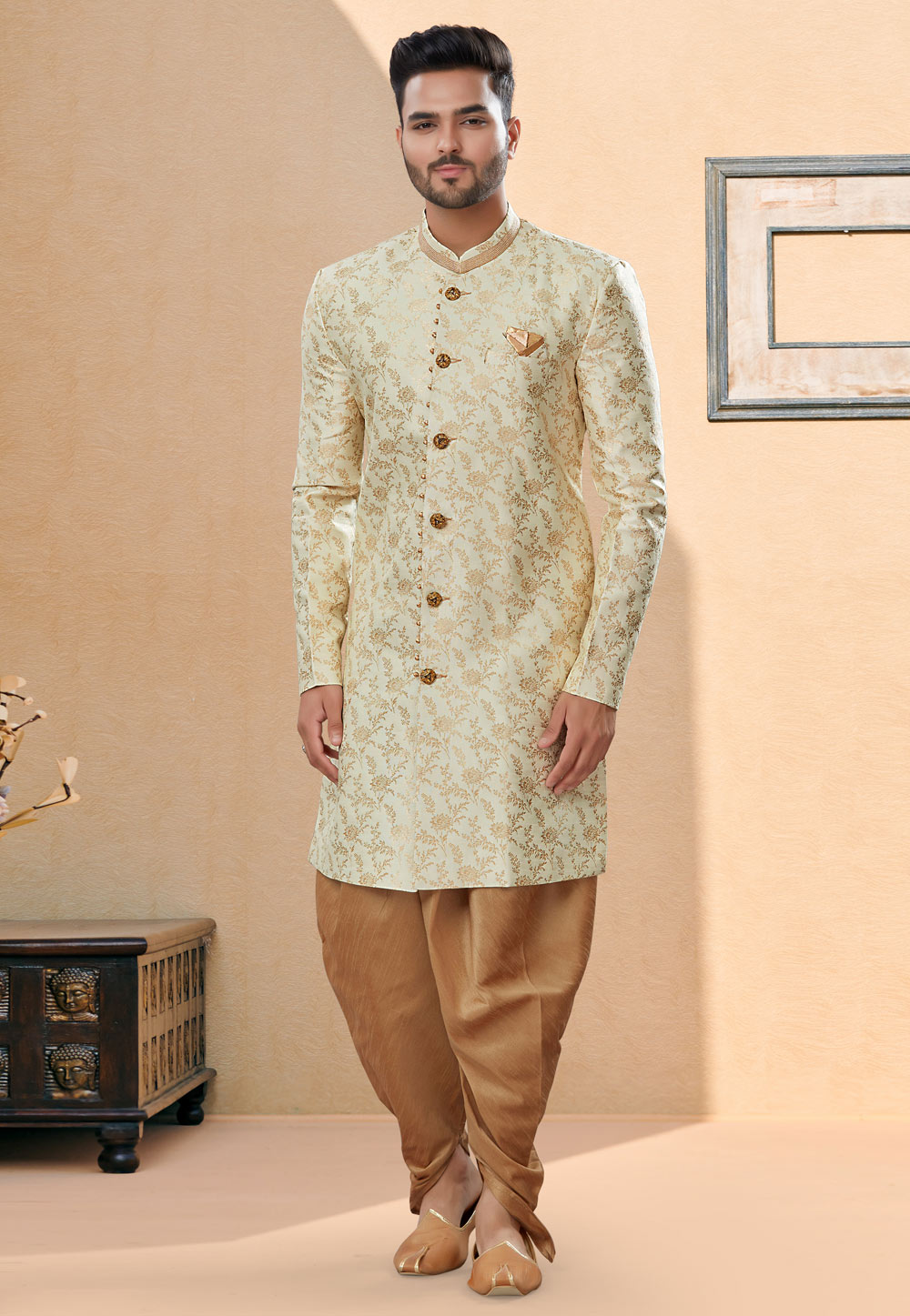 Beige Banarasi Jacquard Indo Western Suit 252016