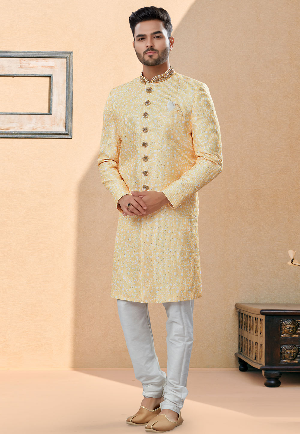 Light Yellow Jacquard Indo Western Suit 252017