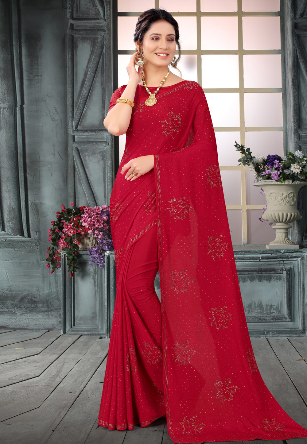 Red Crepe Saree With Blouse 234251