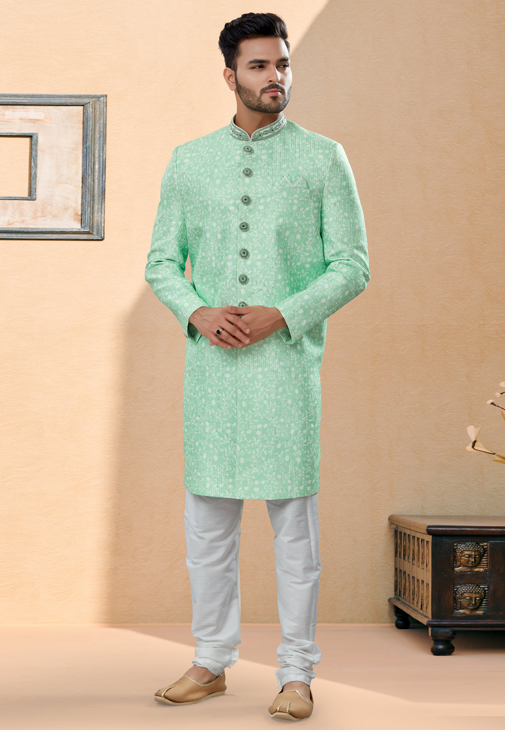 Sea Green Jacquard Indo Western Suit 252019