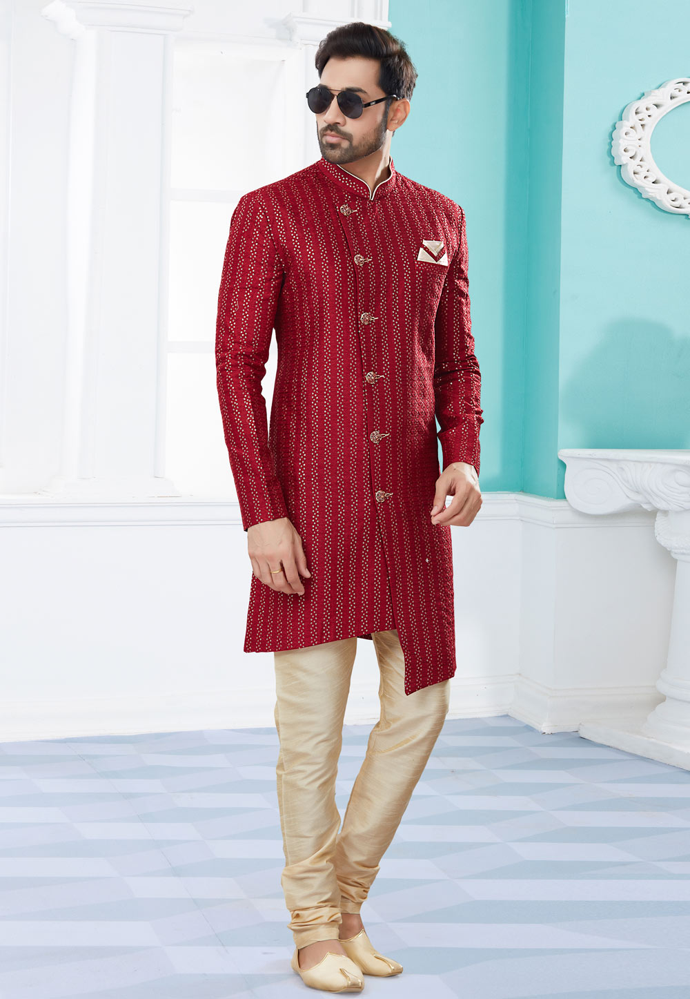 Maroon Jacquard Indo Western Suit 252028