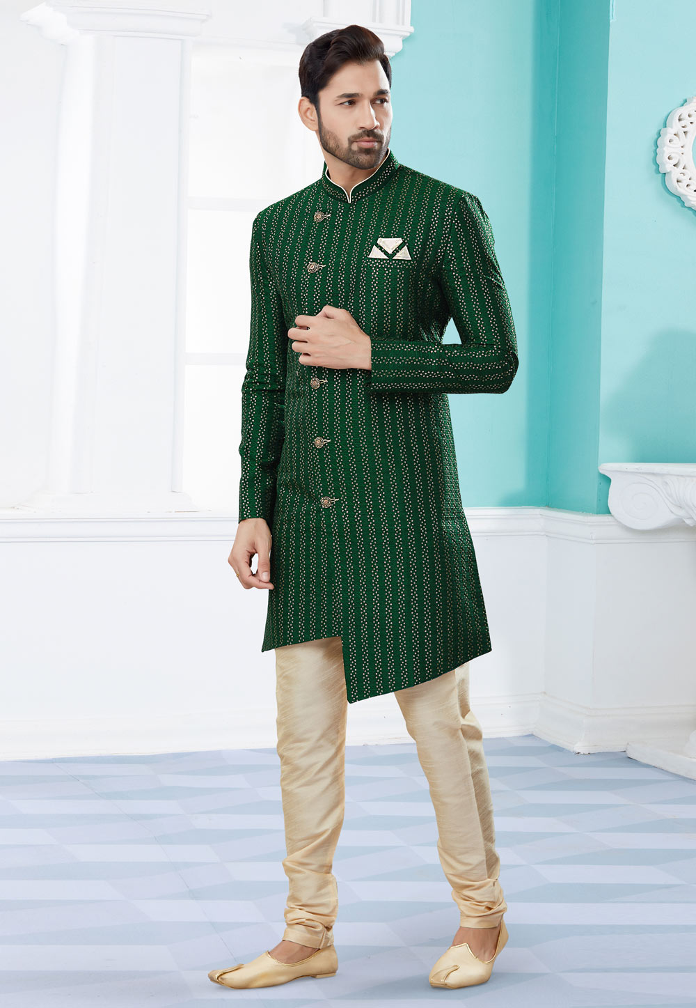 Green Jacquard Indo Western Suit 252030