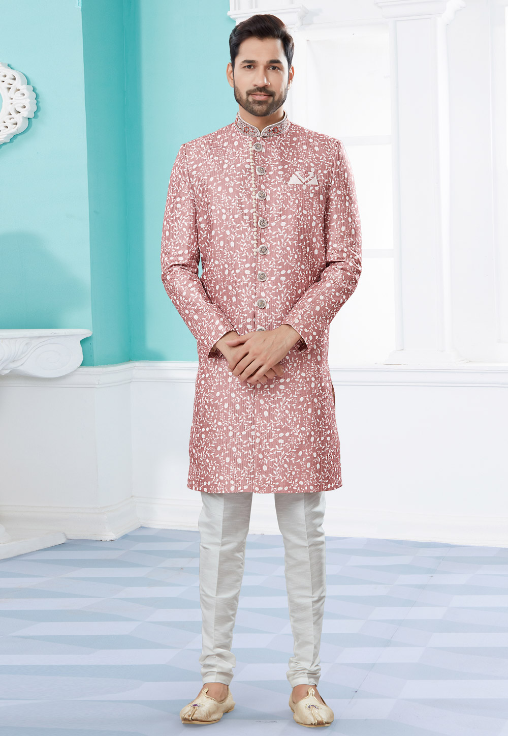 Pink Jacquard Indo Western Suit 252031