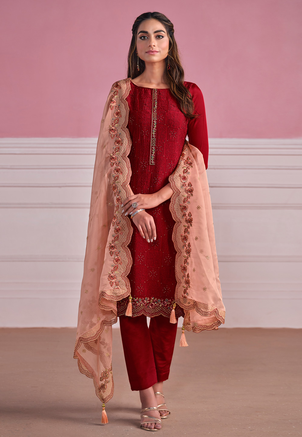 Maroon Chinon Chiffon Straight Suit 276175