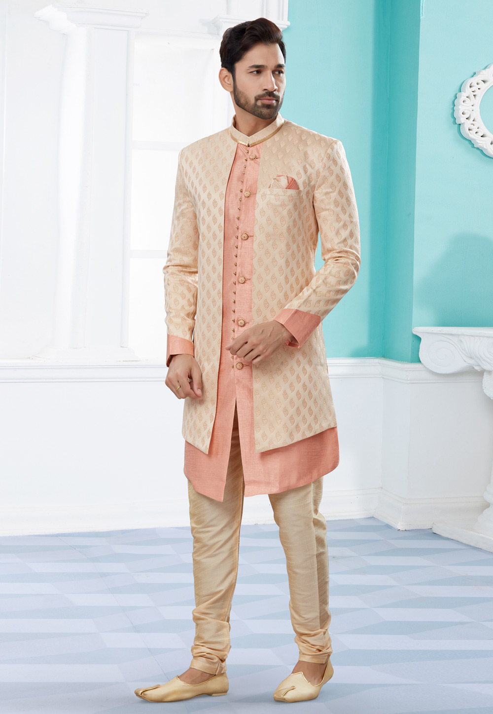 Peach Banarasi Jacquard Indo Western Suit 252034