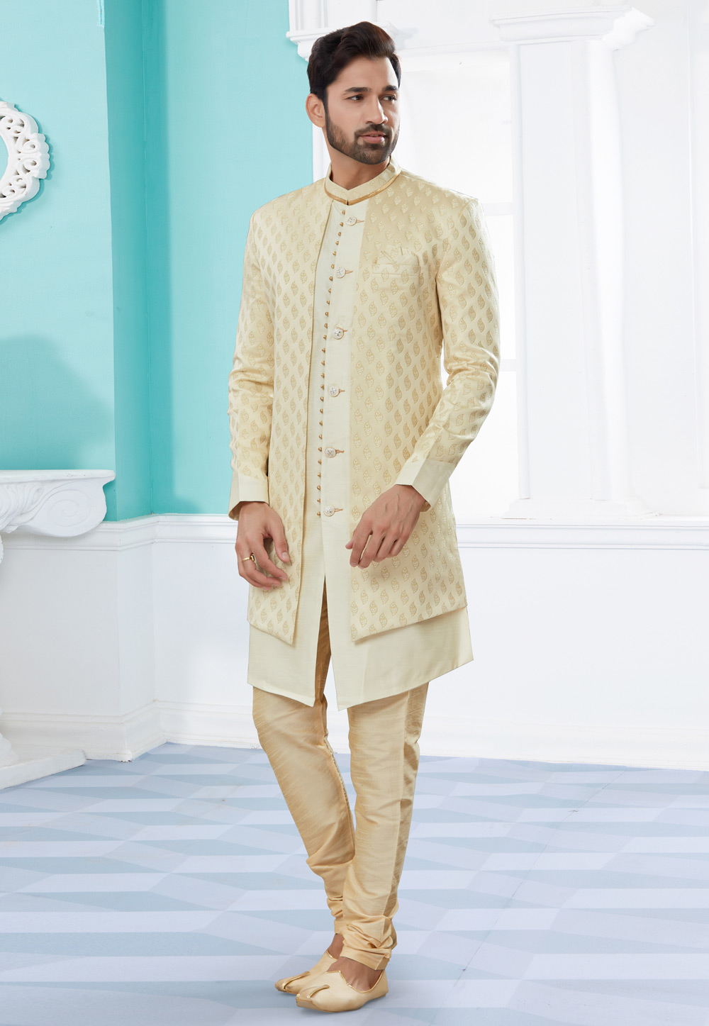 Cream Banarasi Jacquard Indo Western Suit 252035