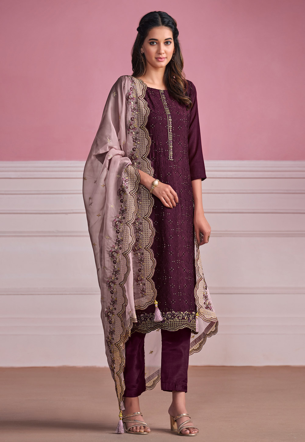 Wine Chinon Chiffon Kameez With Pant 276177