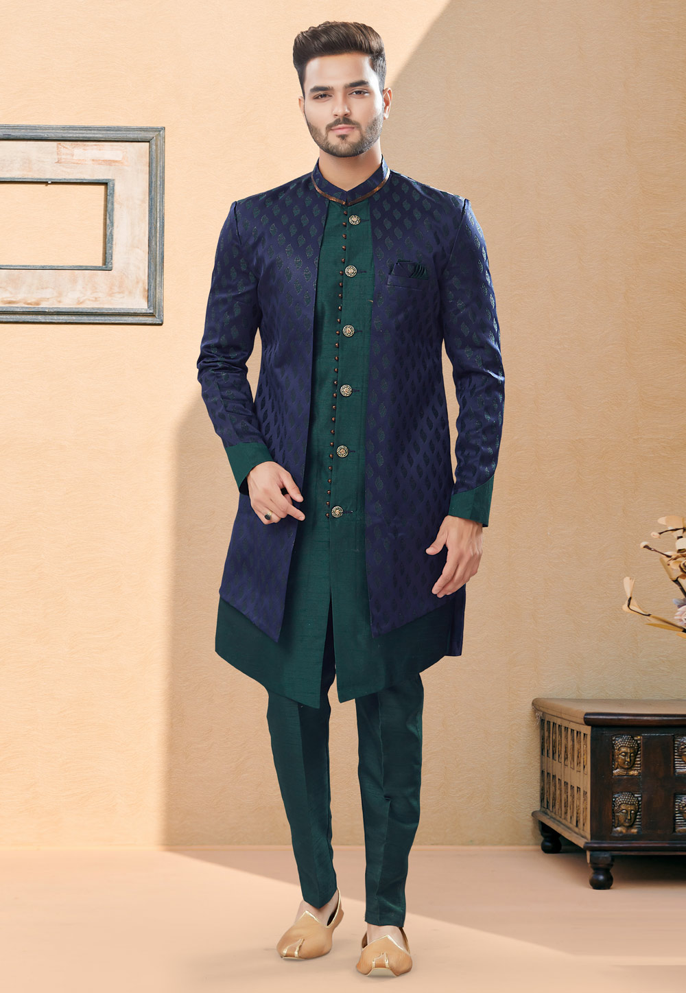 Green Banarasi Jacquard Indo Western Suit 252037