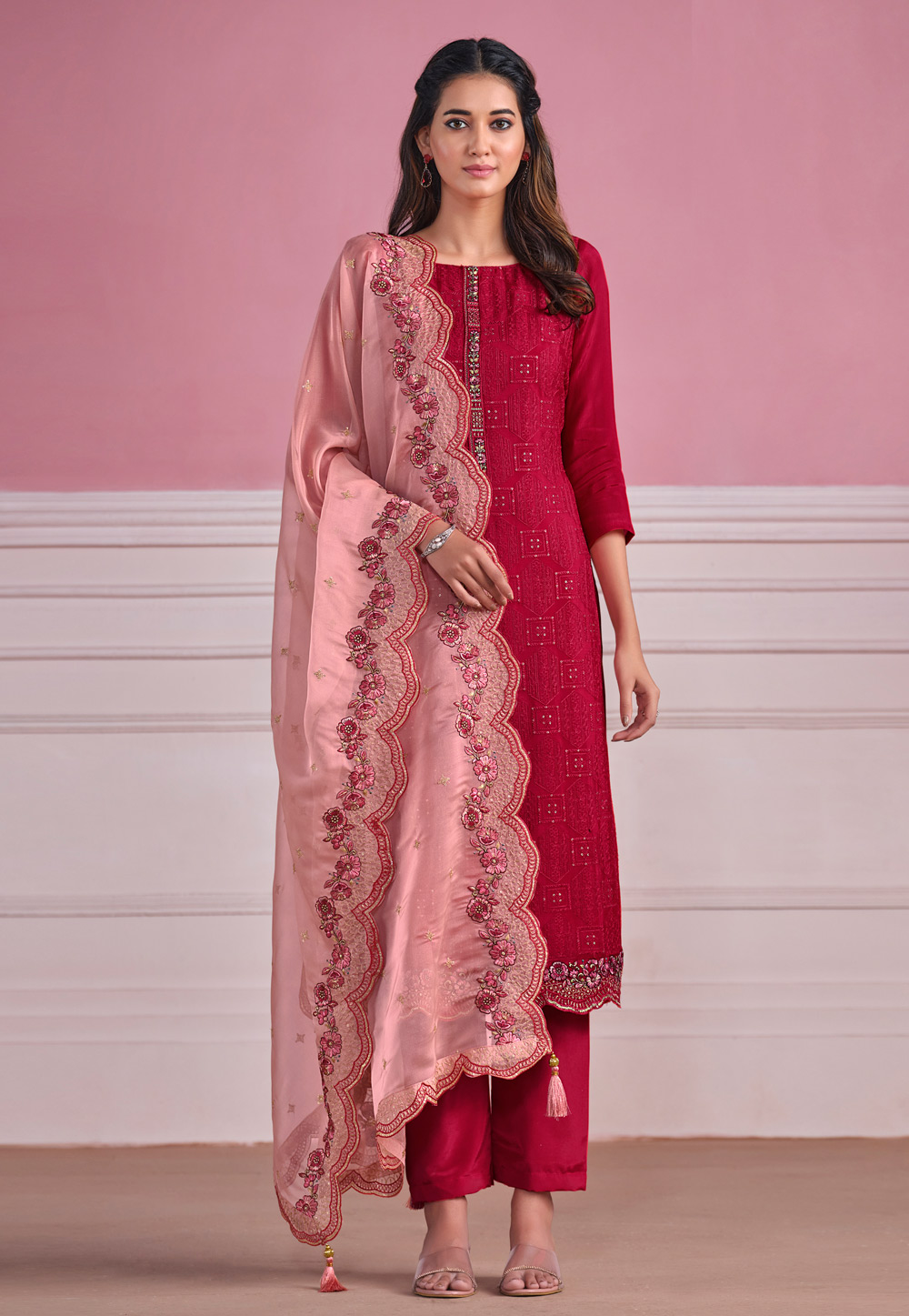Magenta Chinon Chiffon Pant Style Suit 276179