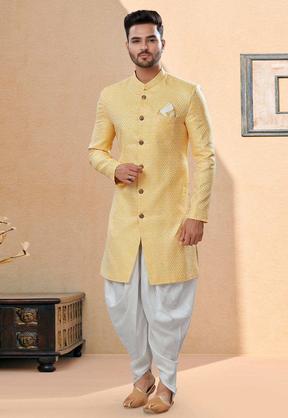 Light Yellow Banarasi Jacquard Indo Western Suit 252038