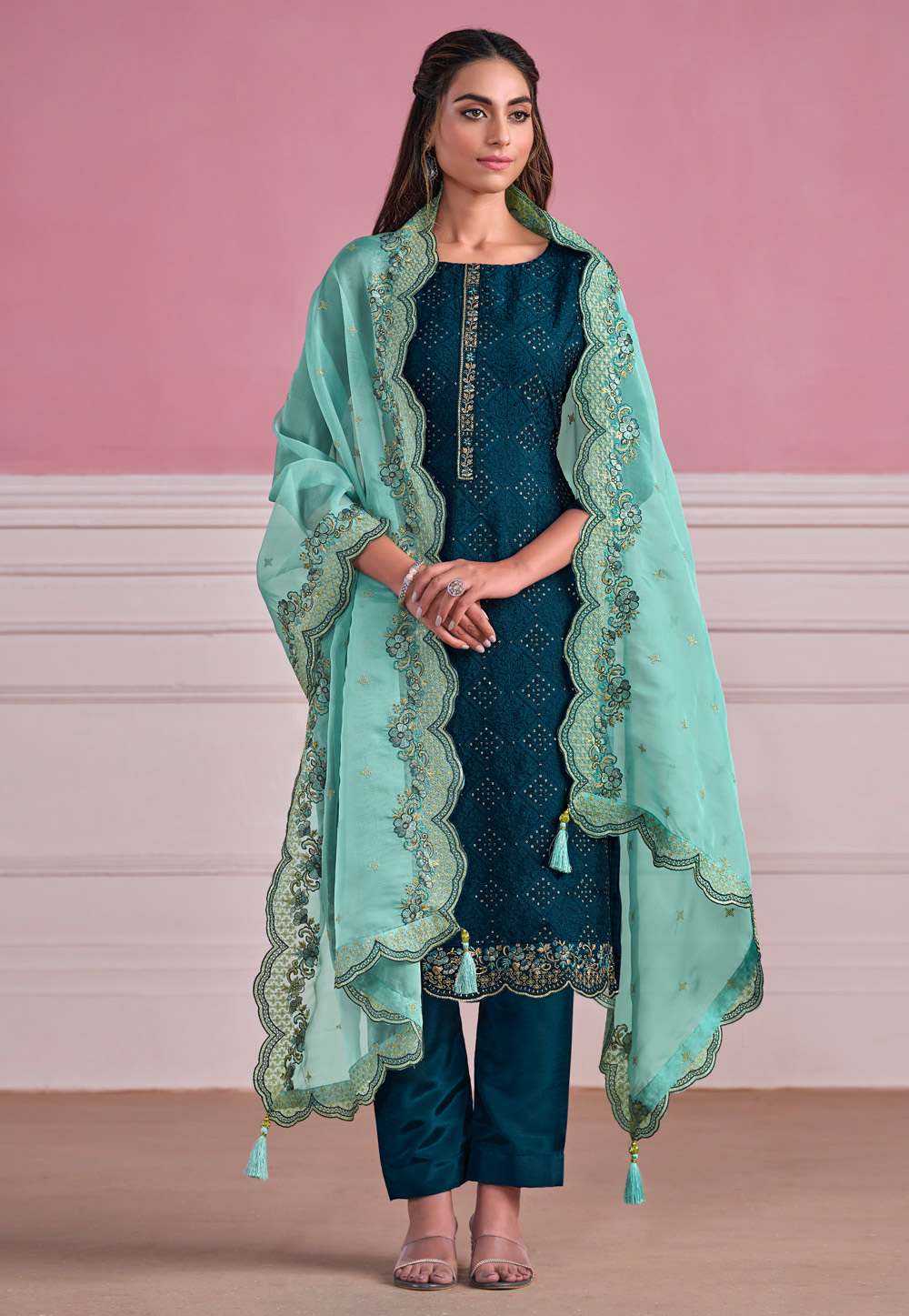 Teal Chinon Chiffon Kameez With Pant 276180