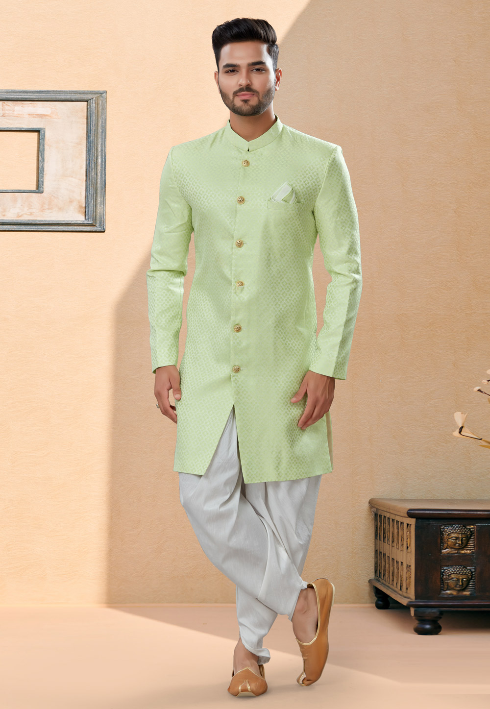 Pista Green Banarasi Jacquard Indo Western Suit 252039