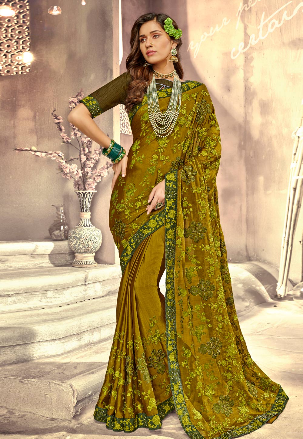 Mehndi Georgette Saree With Blouse 209433