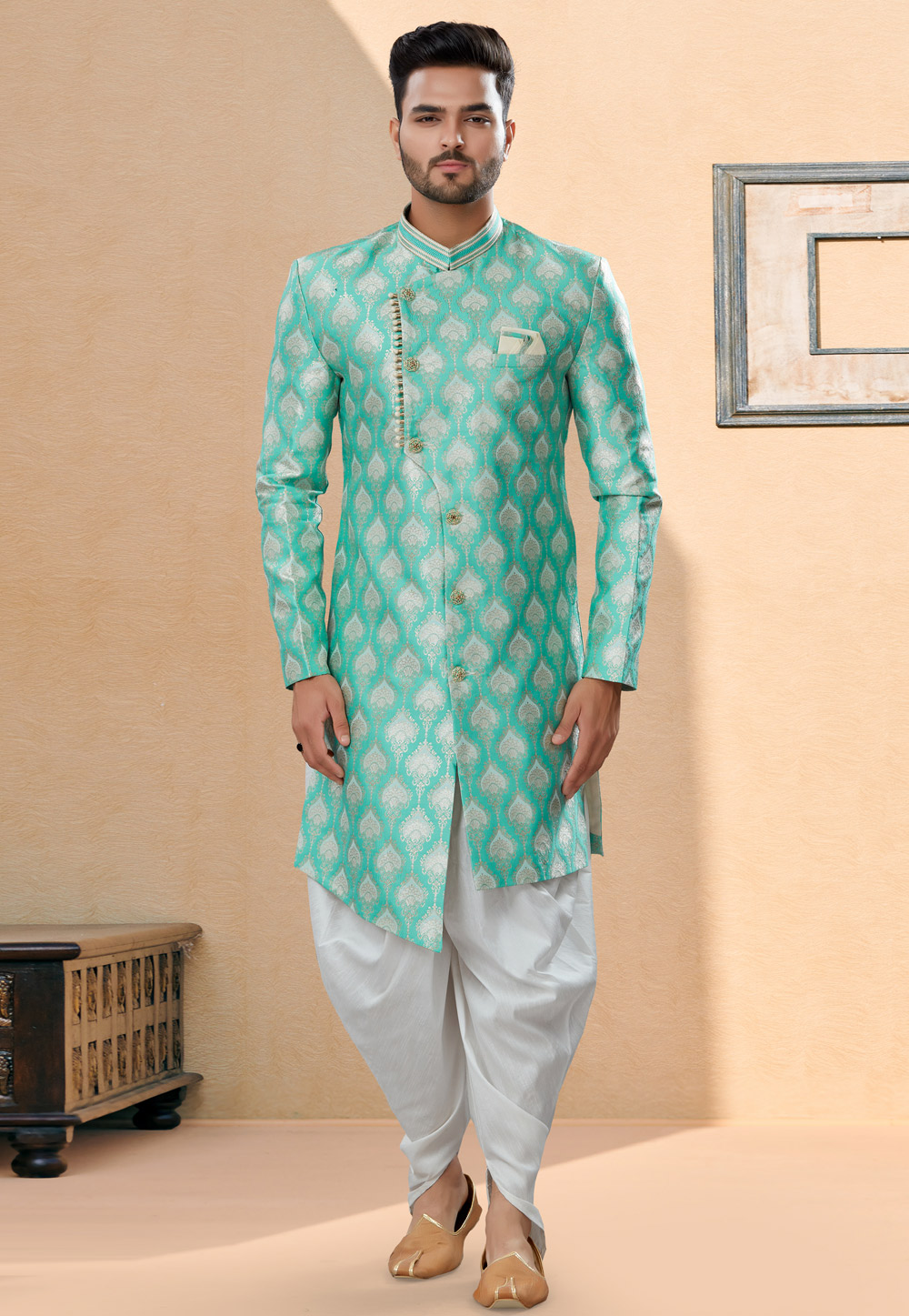Aqua Banarasi Jacquard Indo Western Suit 252040