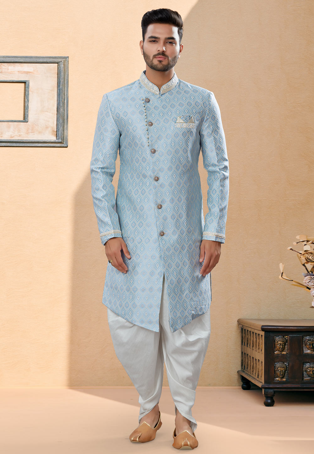 Sky Blue Banarasi Jacquard Indo Western Suit 252041