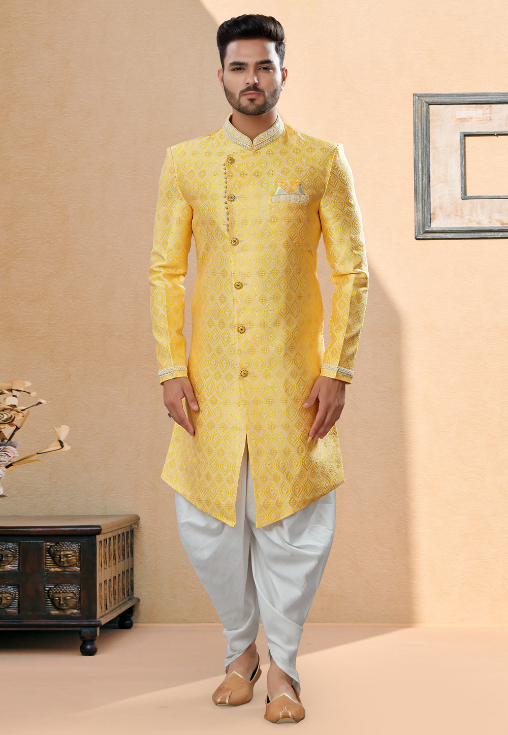 Yellow Banarasi Jacquard Indo Western Suit 252042