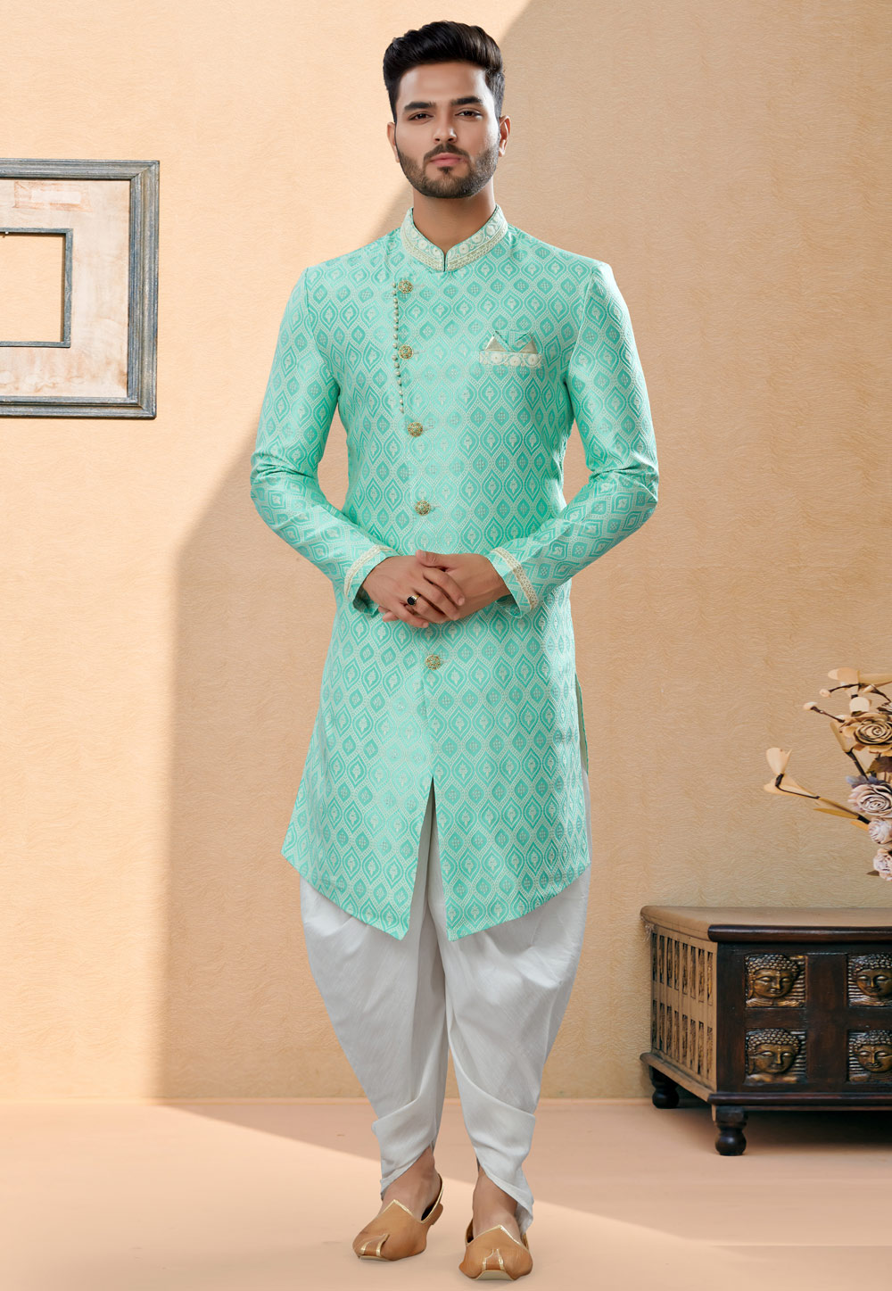 Aqua Banarasi Jacquard Indo Western Suit 252043